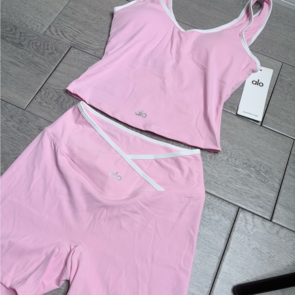 ALO Yoga Pink Crop Sports Bra and Shorts Set with White Trim